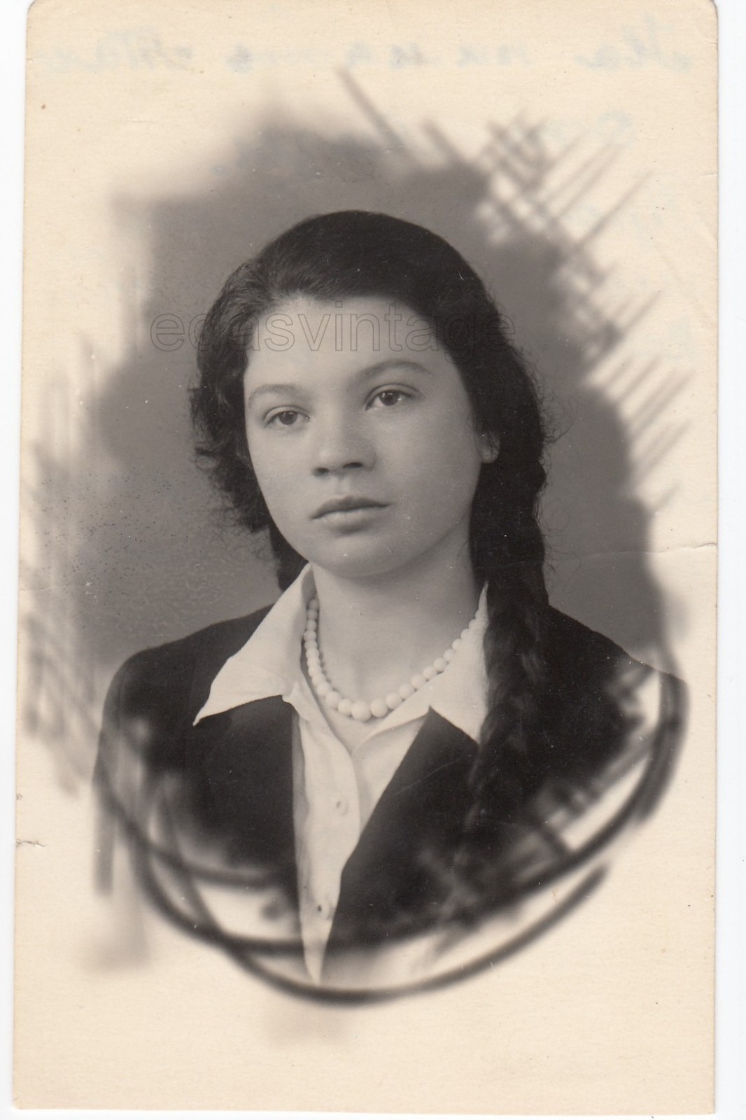 1957 Pretty young girl teen dressed up Long hair Braid Beautiful face USSR photo