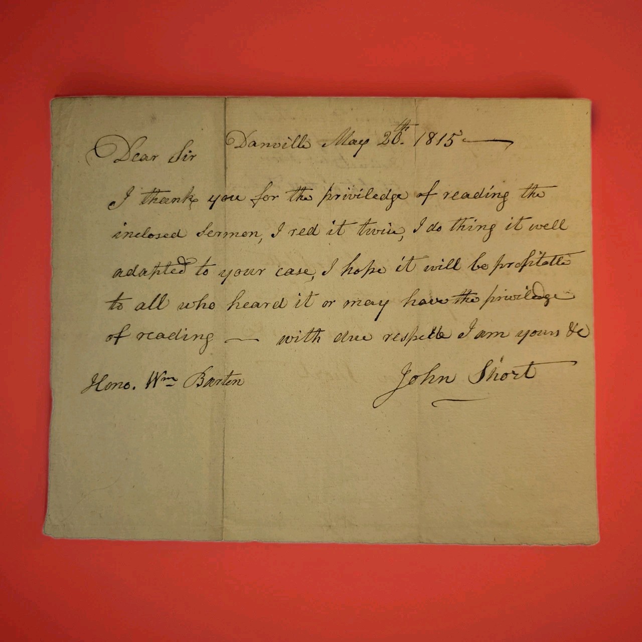 1815 ALS Rev John Short To Imprisoned Revolutionary War Hero Col William Barton