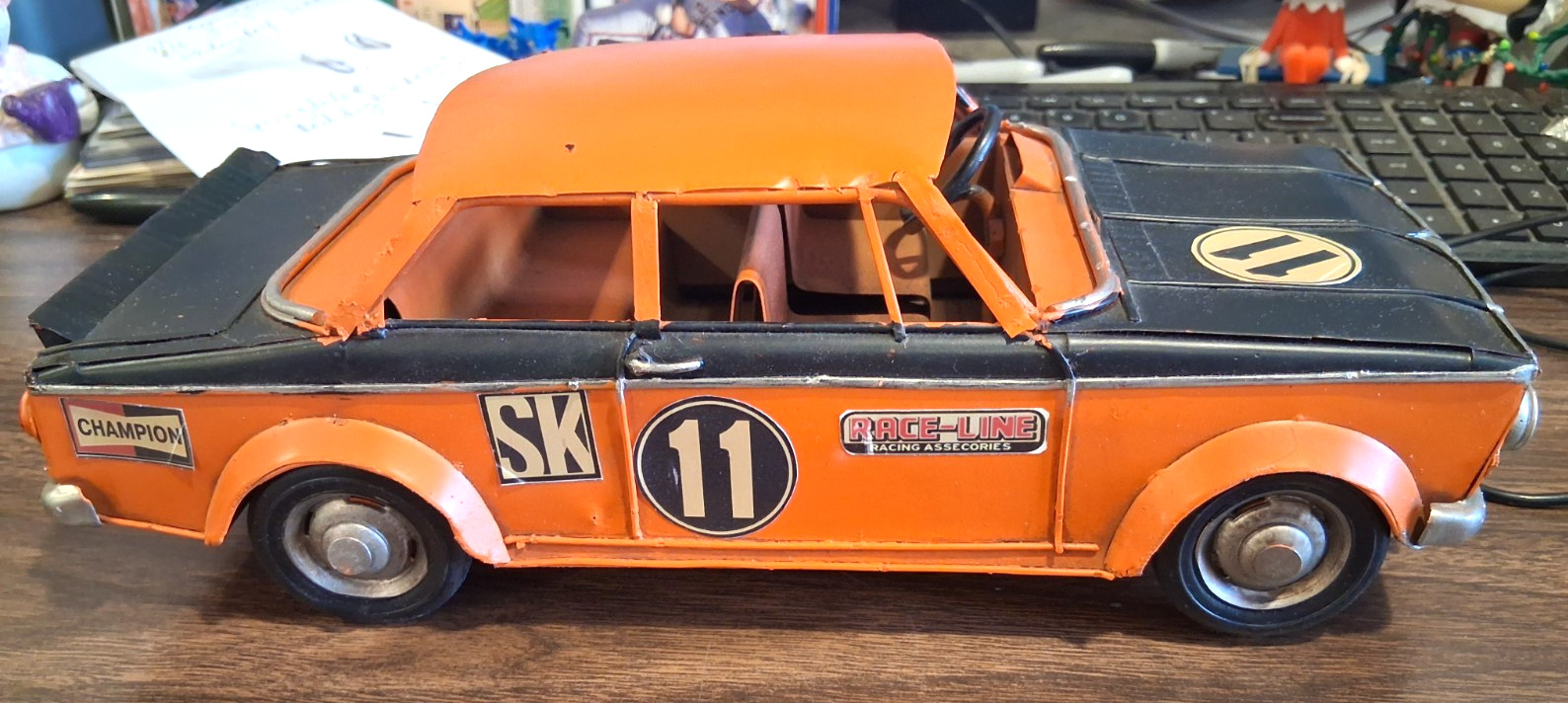 RUSTIC 1970's RETRO VINTAGE ORANGE & BLACK BWM-SIMCA STYLE METAL RACE CARS, 1/18 RUSTIC 1970's RETRO VINTAGE ORANGE & BLACK BWM-SIMCA STYLE METAL RACE CARS, 1/18