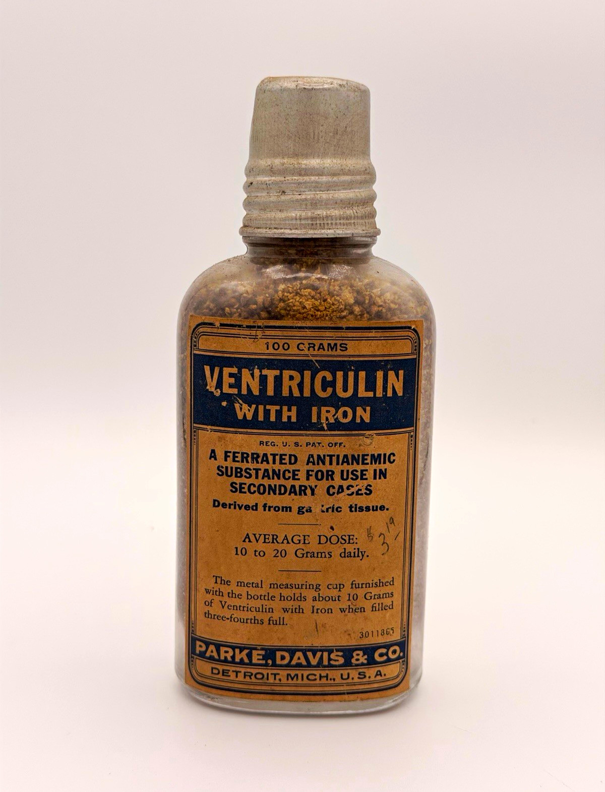 Vintage Parke Davis Ventriculin With Iron 100g Bottle Measuring Cap Pharmacy