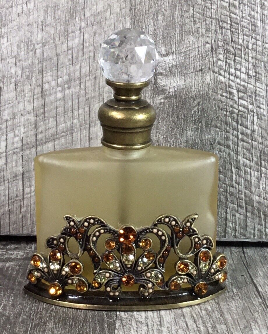 Jeweled Filigree Antique Gold Tone Perfume Bottle Floral Rhinestone Made Taiwan