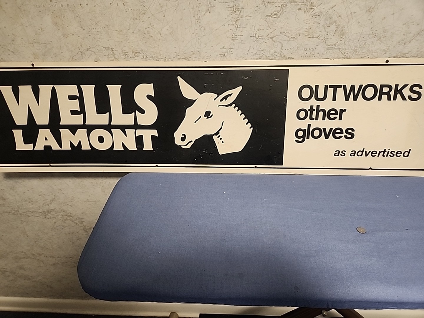 Vintage 1960s Wells Lamont Double Sided Composite Hanging Sign Donkey Icon 48x12 Vintage 1960s Wells Lamont Double Sided Composite Hanging Sign Donkey Icon 48x12