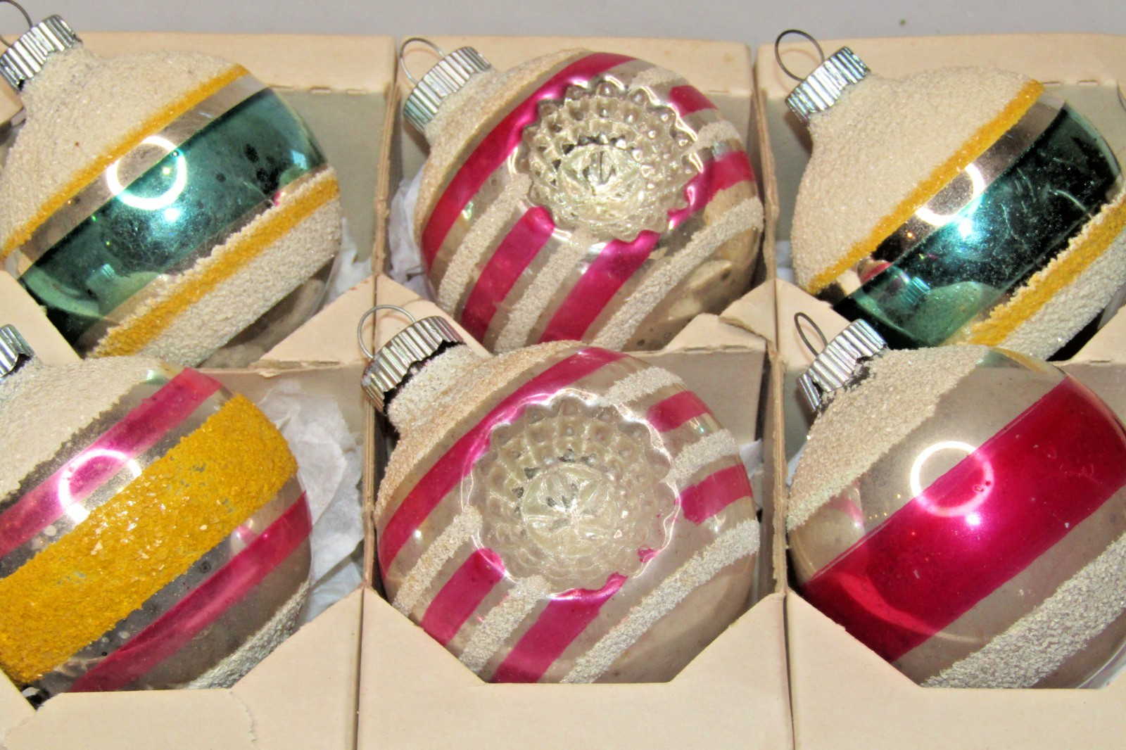Lot VTG Glass Mica Double Indent Striped BALL Christmas Ornaments Shiny Brite