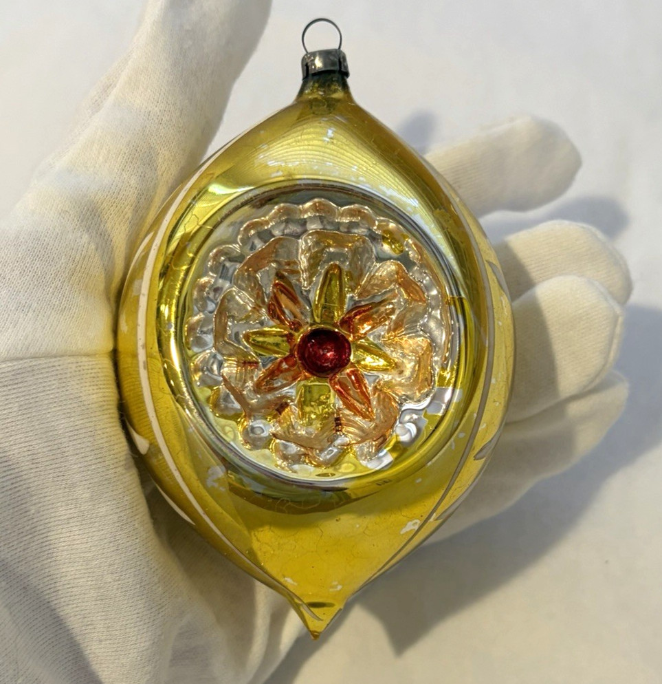 Antique VTG Glass Double Indent FLOWER Embossed DROP Xmas Ornament Germany 4\