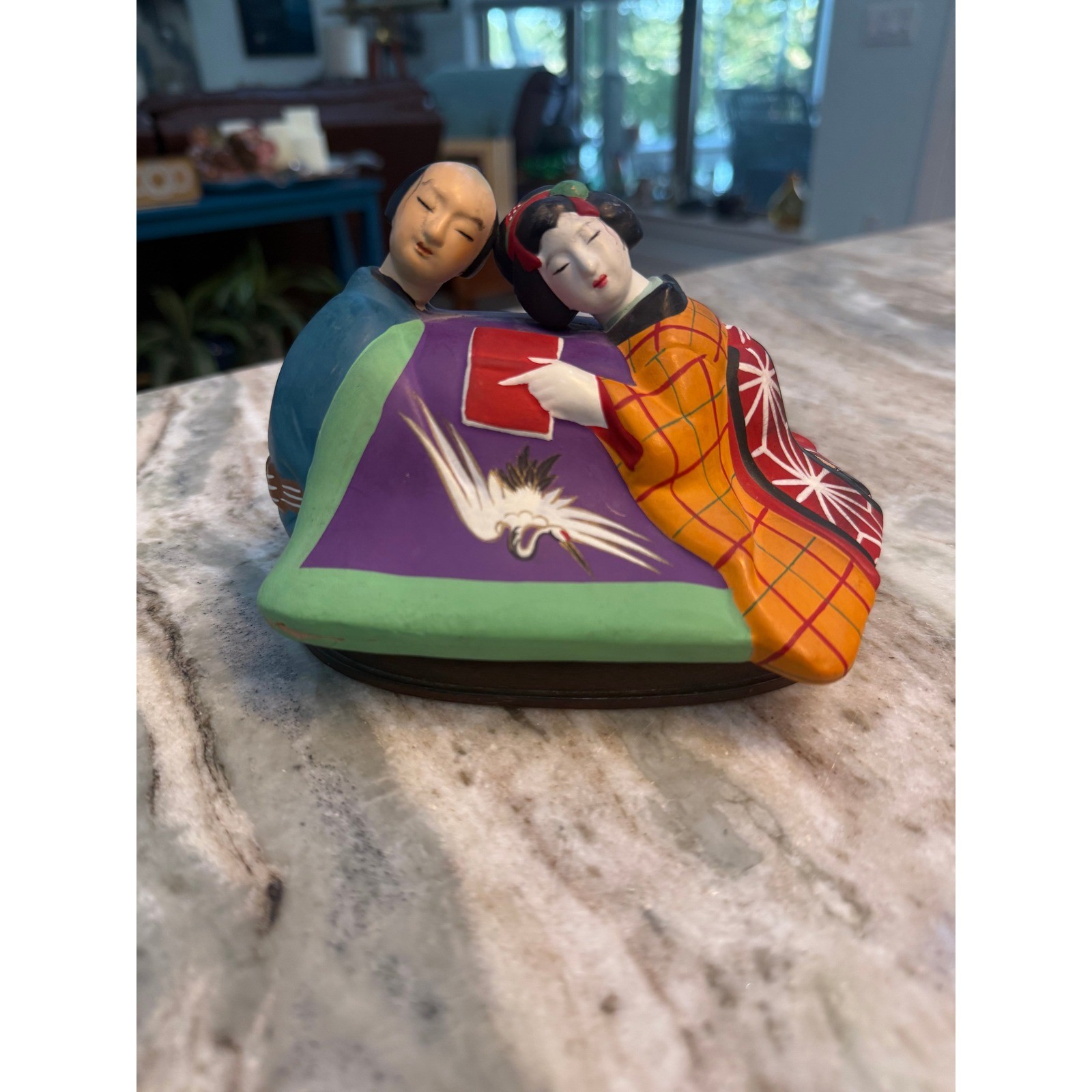 Vintage Japanese Hakata Shunga Clay Figurine Couple Crane Kimono Folk Art Vintage Japanese Hakata Shunga Clay Figurine Couple Crane Kimono Folk Art