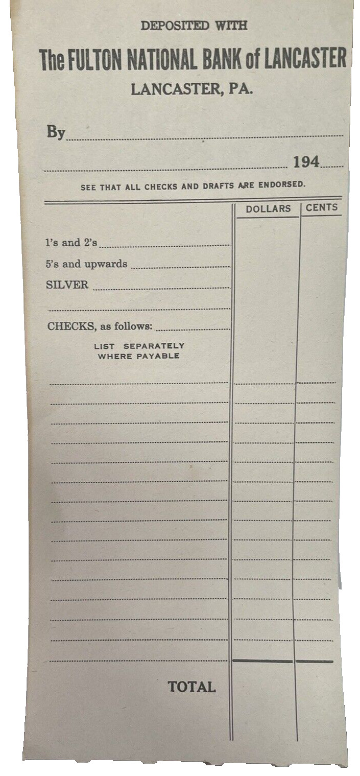 Vintage Fulton National Bank Deposit Slip 1940\'s Blank Lancaster PA origin NOS Vintage Fulton National Bank Deposit Slip 1940\'s Blank Lancaster PA origin NOS