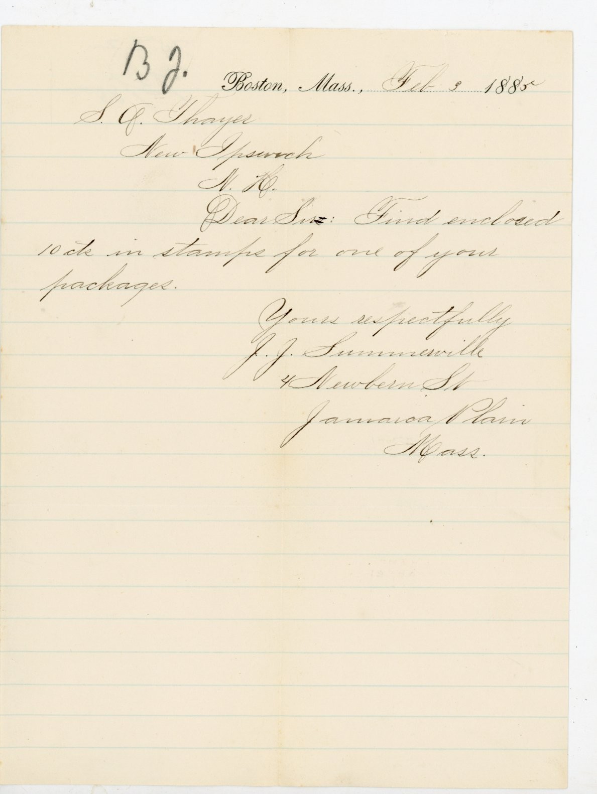 1885 Handwritten Letter Boston MA Jamaica Plain to S.G. Thayer New Ipswich NH 1885 Handwritten Letter Boston MA Jamaica Plain to S.G. Thayer New Ipswich NH