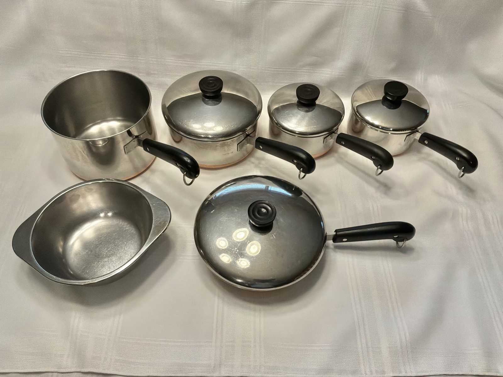 Revere Ware Pre 1968 10 Pc Copper Bottom Saucepans Fry Pan Dbl Boiler 4 Lids