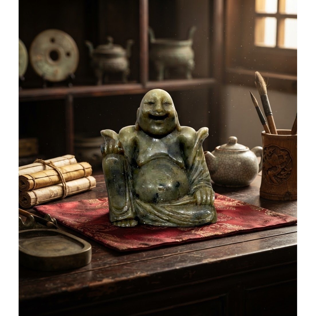 Vintage Hand Carved Soapstone Laughing Buddha Hotei Figurine Green Grey 2\