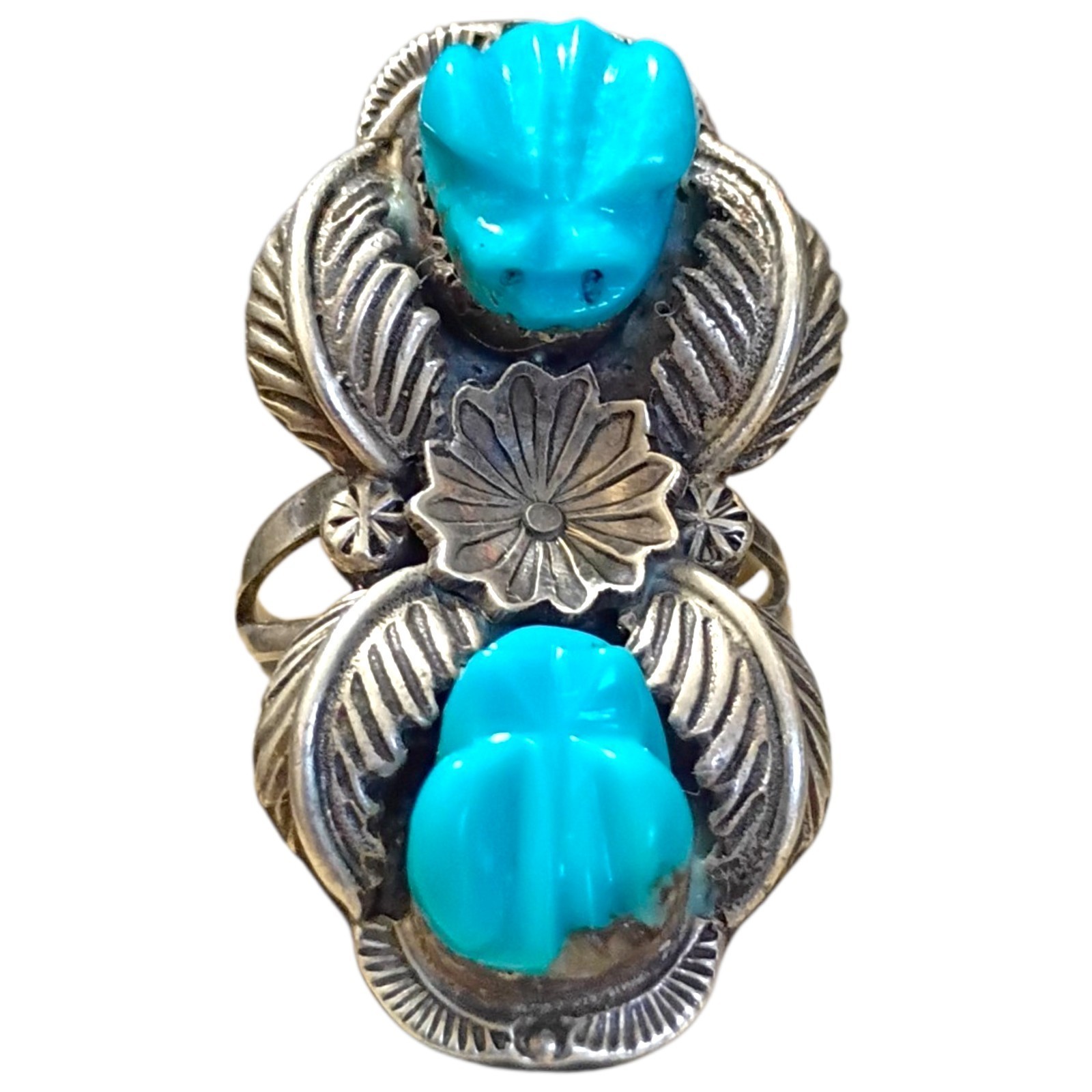 Astute Bennie Bowekaty Zuni Fetish Carved Frog Morenci turquoise Ringsz6