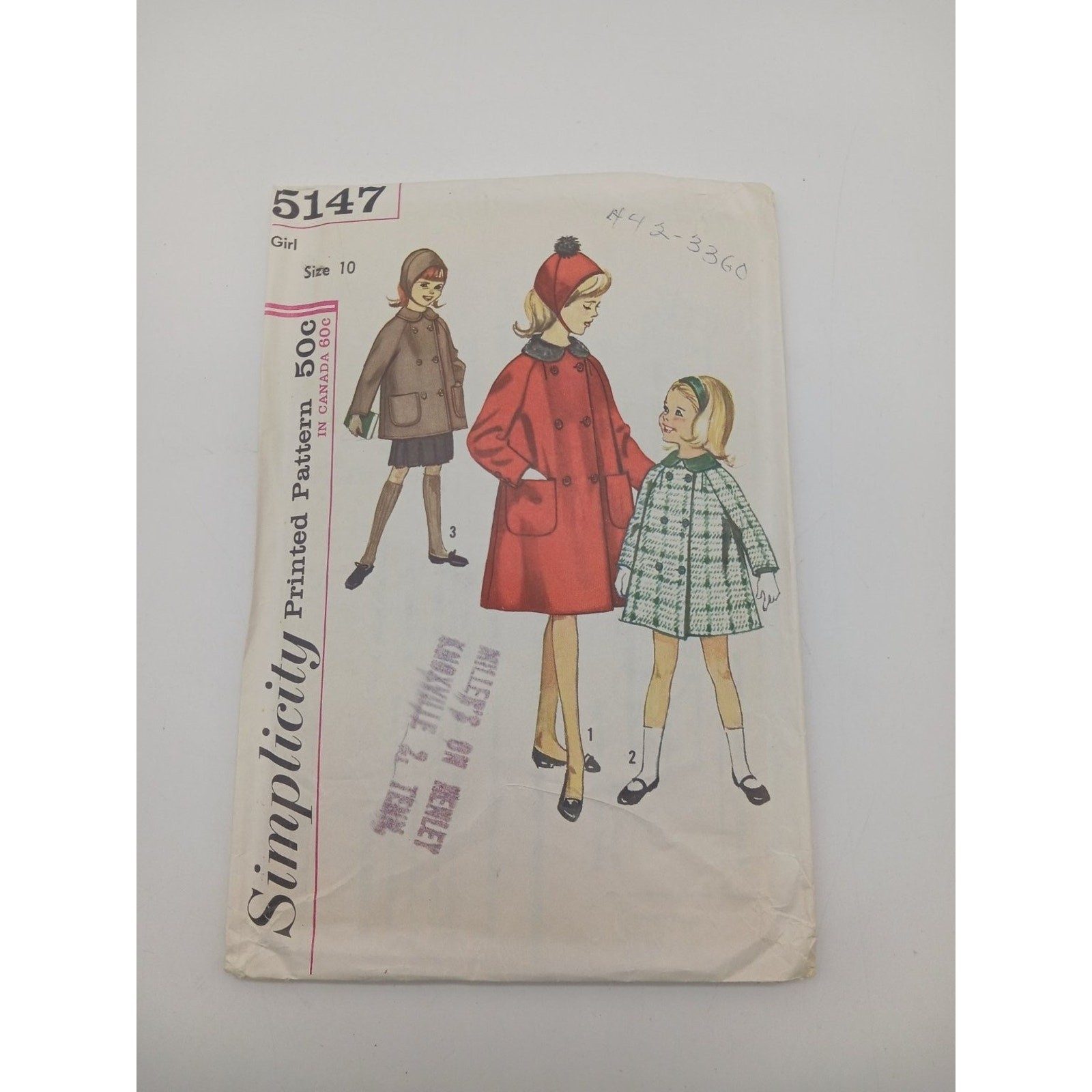 Vtg Simplicity 5147 Girls Coat Hat Sewing Pattern Size 10 Double-Breasted Cut