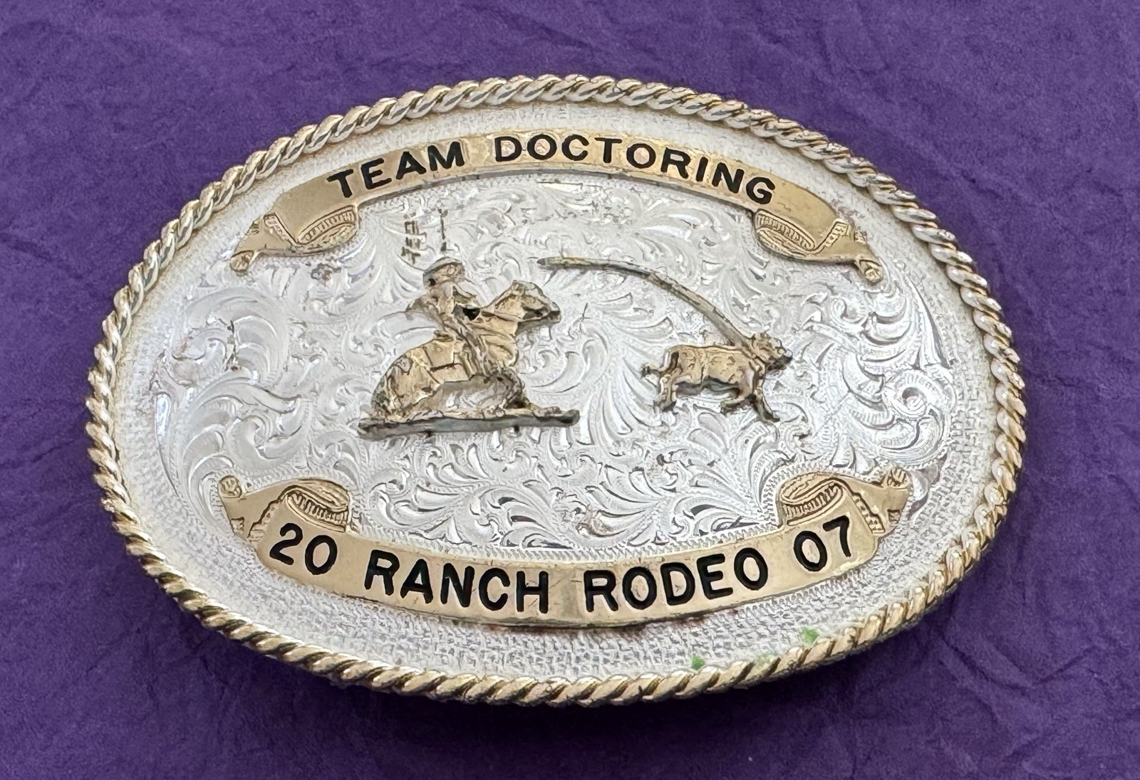 VTG Western USA 2007 Team Doctoring Ranch Rodeo Montana SS Trophy Belt Buckle VTG Western USA 2007 Team Doctoring Ranch Rodeo Montana SS Trophy Belt Buckle