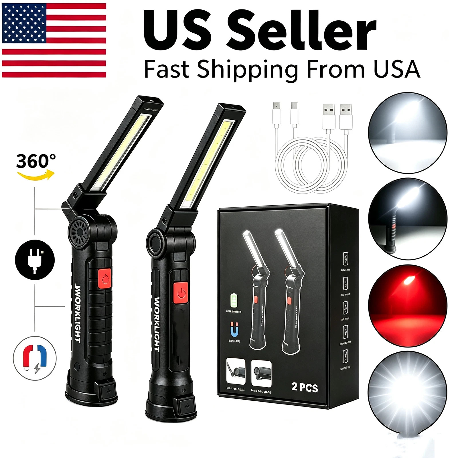 2 Large LED Work Light COB Inspection Lamp Magnetic Torch USB Rechargeable Car