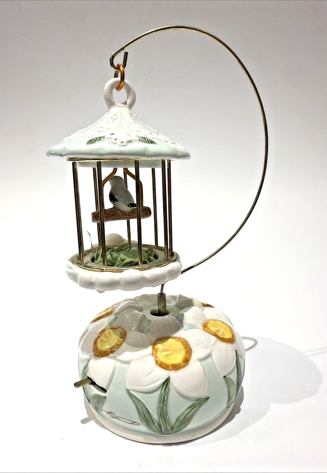 Schmid Bird in Cage Music Box Waltz of the Flowers Ceramic Tested Works