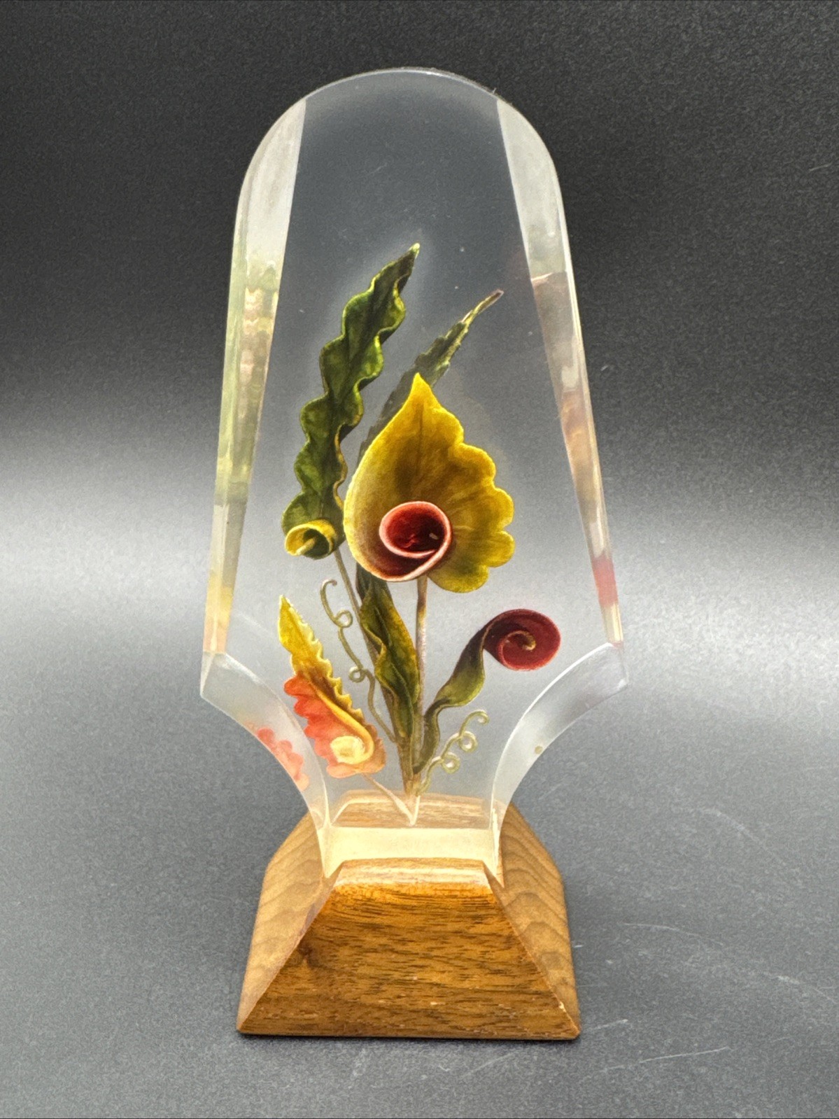 VTG MCM Floral Flower Acrylic Lucite Paperweight Wood Base