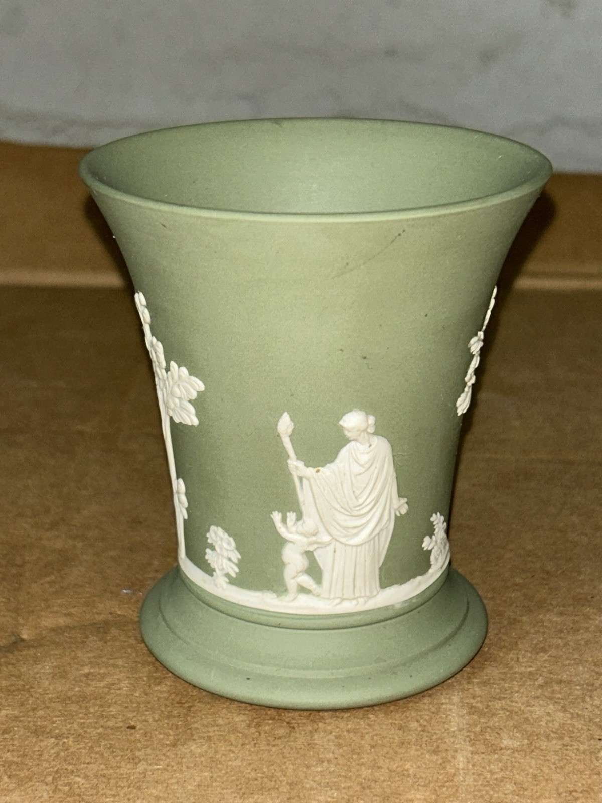 Vintage Wedgwood Sage Green Jasperware Vase With Neoclassical Embossed Pictures Vintage Wedgwood Sage Green Jasperware Vase With Neoclassical Embossed Pictures