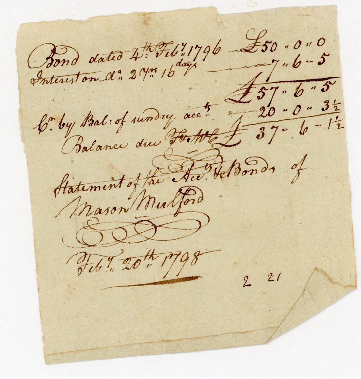 1796–1798 Handwritten Bond Account Statement Mason Mulford Cumberland NJ Bond 1796–1798 Handwritten Bond Account Statement Mason Mulford Cumberland NJ Bond