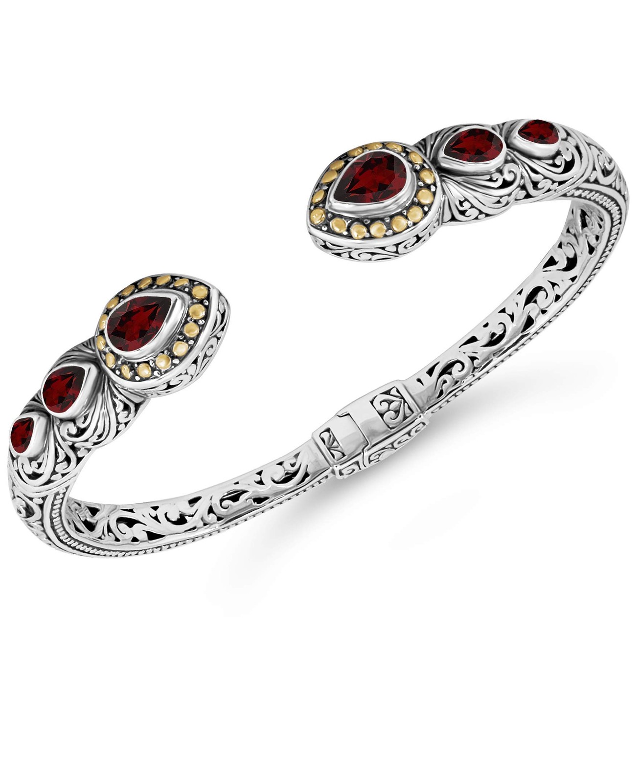 DEVATA Sterling Silver & 18K Gold Garnet Bali Filigree Cuff Bracelet M DEVATA Sterling Silver & 18K Gold Garnet Bali Filigree Cuff Bracelet M