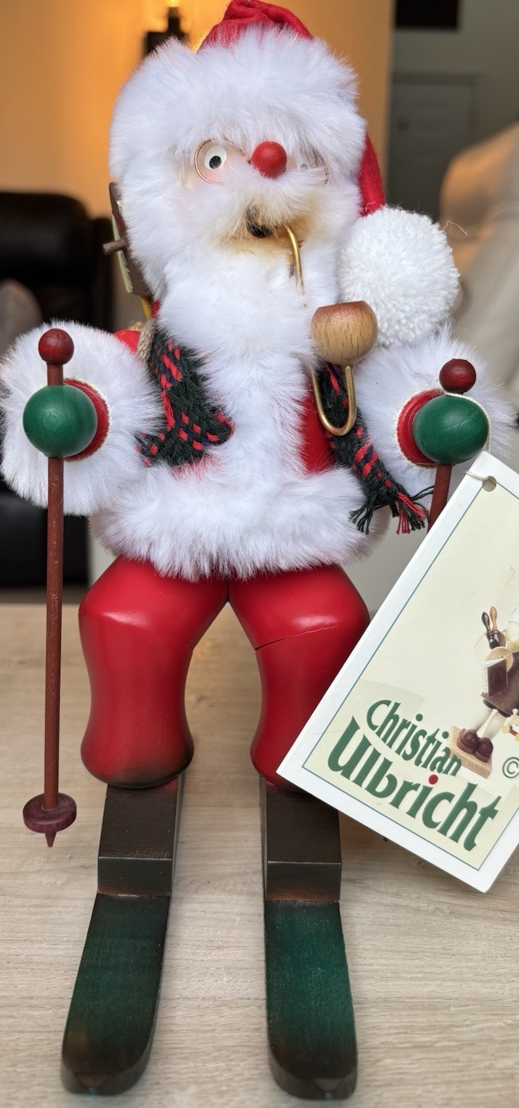 Vintage Christian Ulbricht Santa on Skis German Wooden Smoker -Late 20th Century