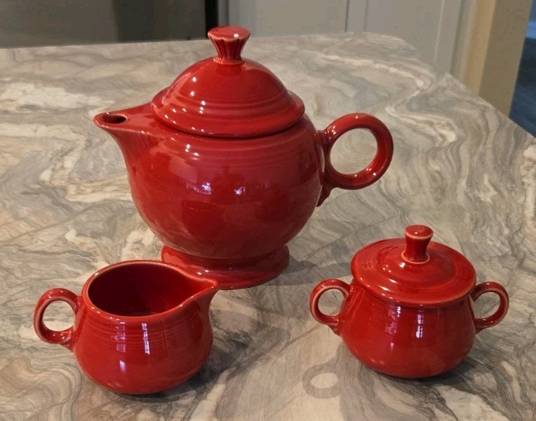 Fiesta Scarlet Red Large Teapot with Lid, Sugar & Cream Retired Fiestaware 
