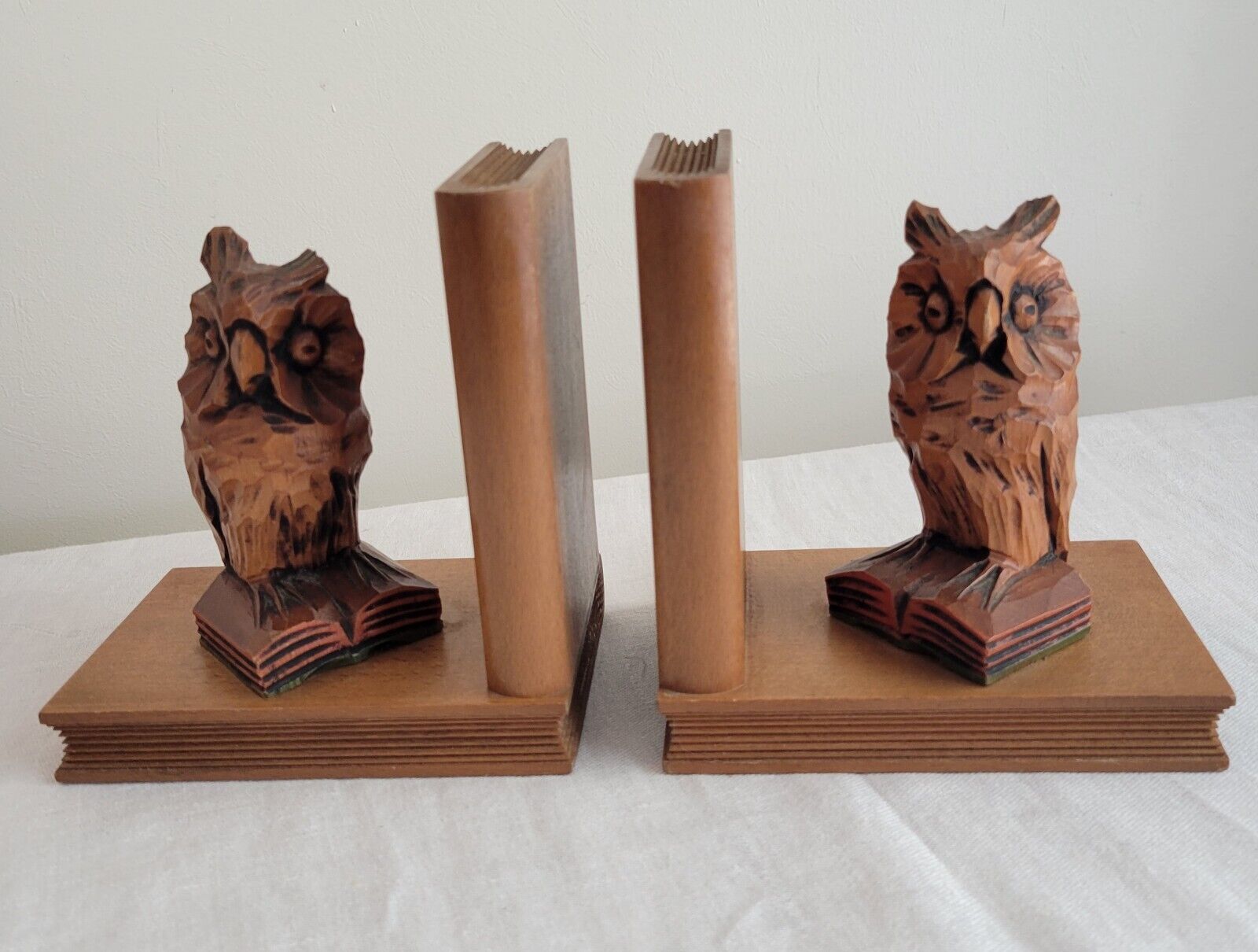 Vintage Wooden Owl Book Ends -  Hand Carved - Collectible 