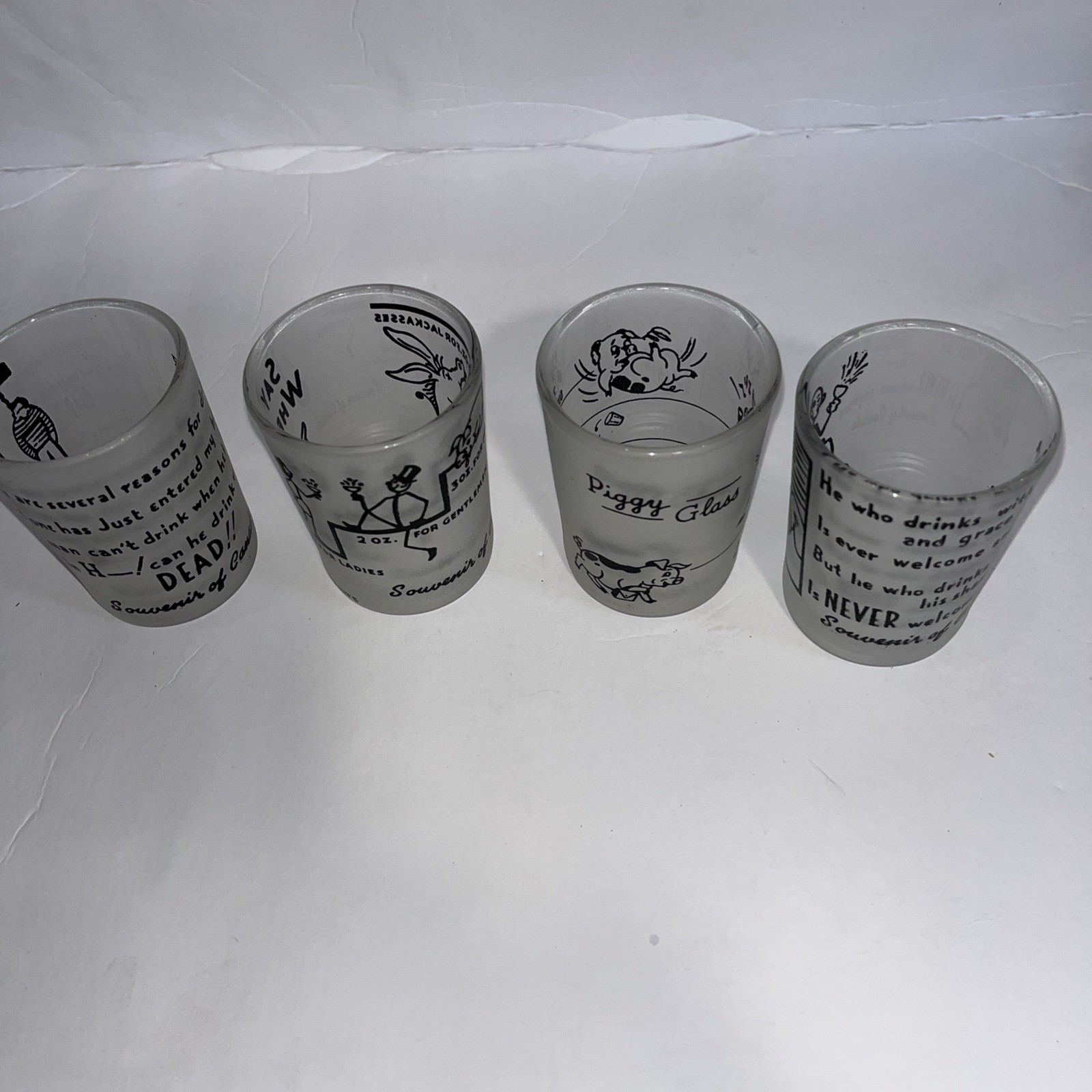 Set Of 4 Vtg Hazel Atlas Frosted Novelty/Funny Shot Glasses-Souvenir Of Canada