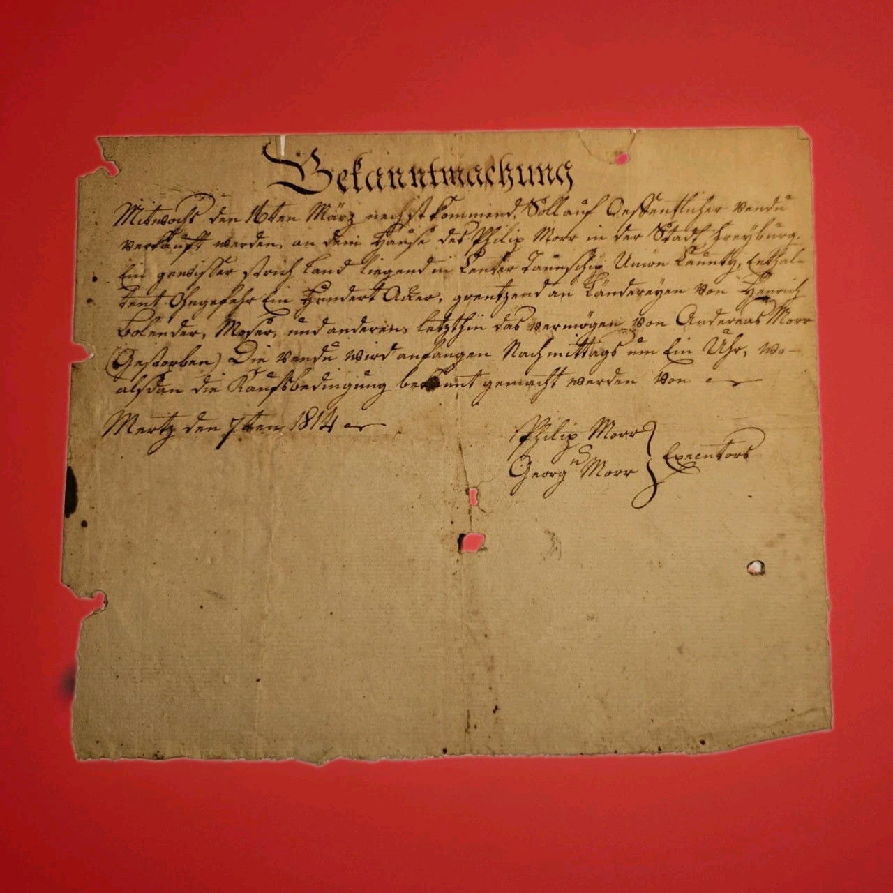 1814 PA German Land Vendue Andrew Morr Rev War Estate Philip George Signed