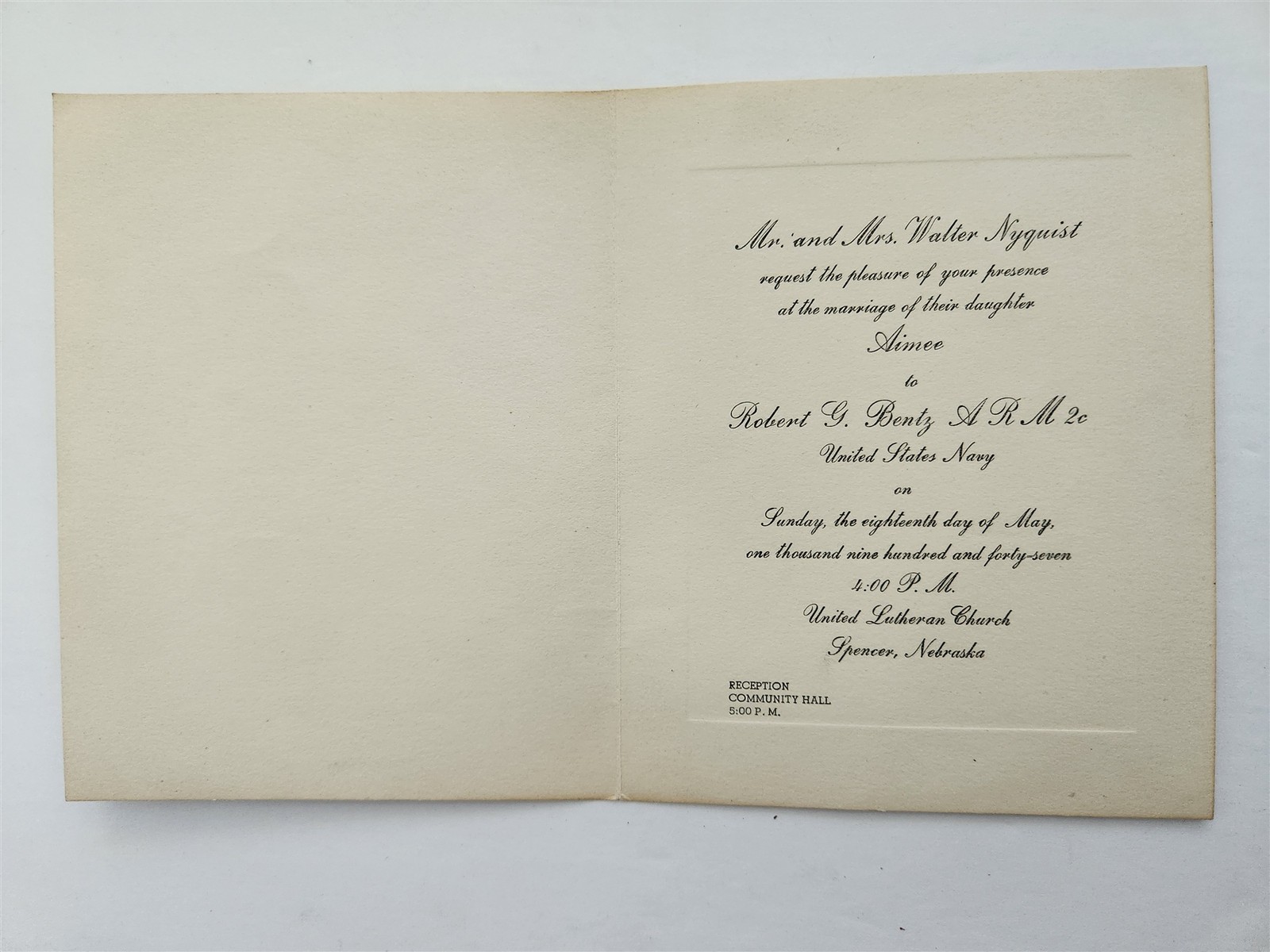 1947 vintage WEDDING INVITE spencer ne AIMEE NYQUIST ROBERT G BENTZ NAVY
