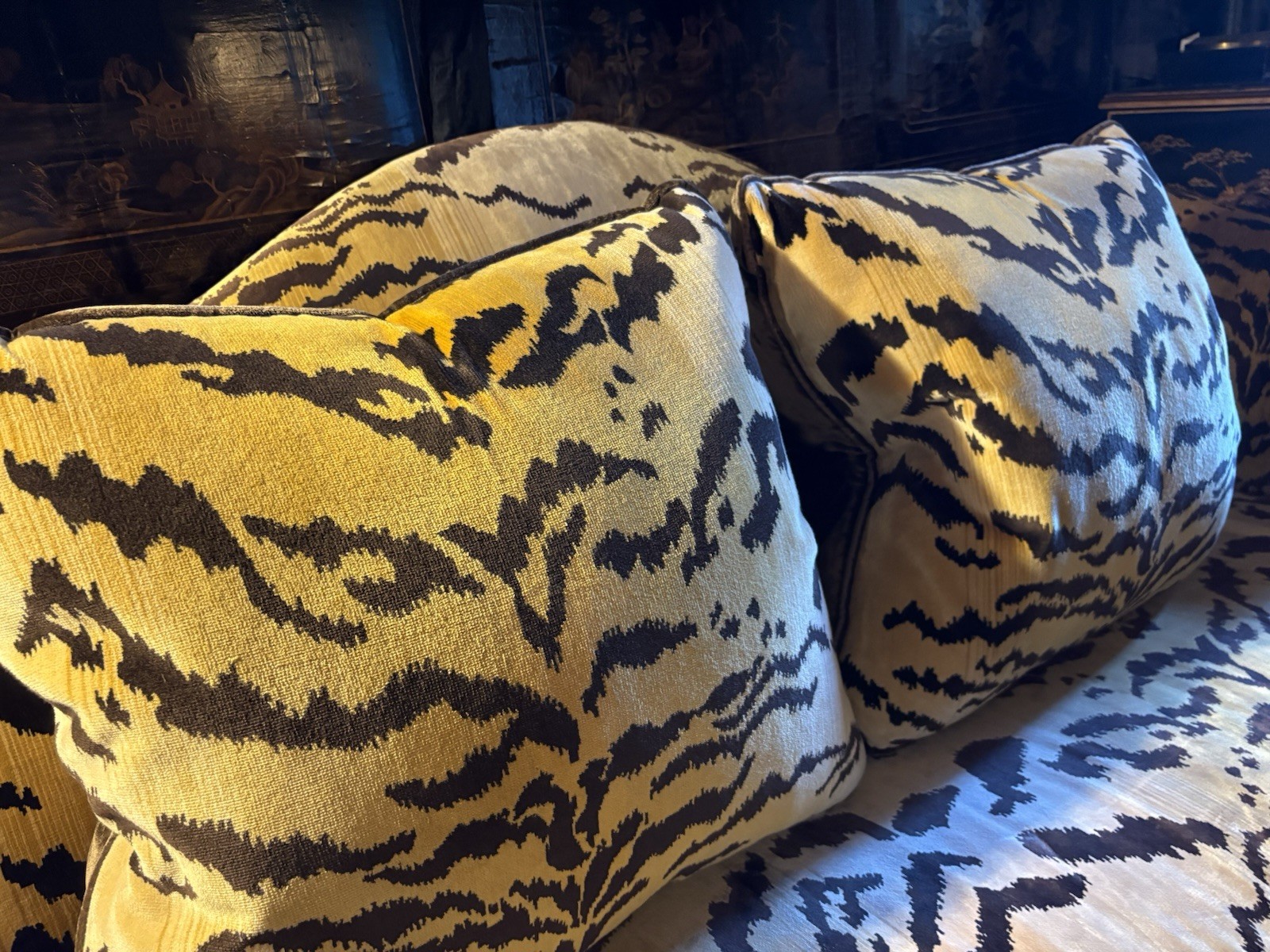 Pair of Large Scalamandre Le Tigre Velvet Pillows Pair of Large Scalamandre Le Tigre Velvet Pillows