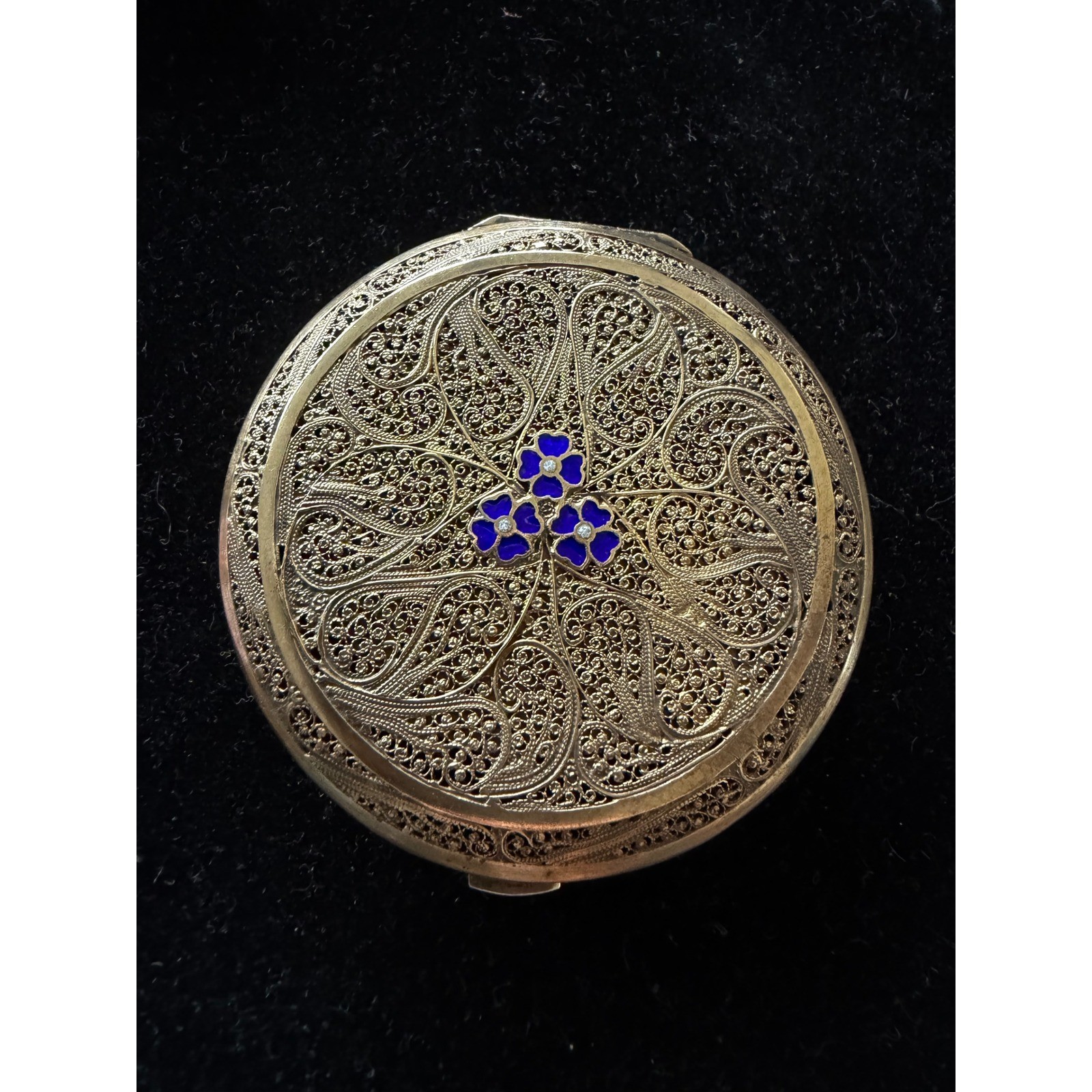 Vintage Portuguese Filigree Silver Compact w/ Blue Enamel Flowers