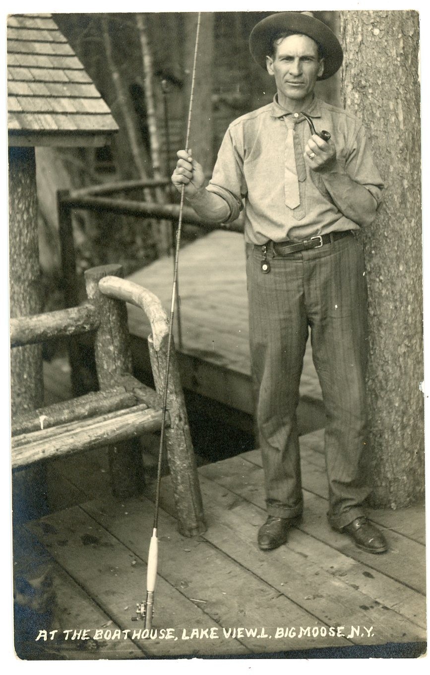 RPPC NY Adirondacks Big Moose Lake View Lodge Fisherman at Boathouse Herkimer Co RPPC NY Adirondacks Big Moose Lake View Lodge Fisherman at Boathouse Herkimer Co