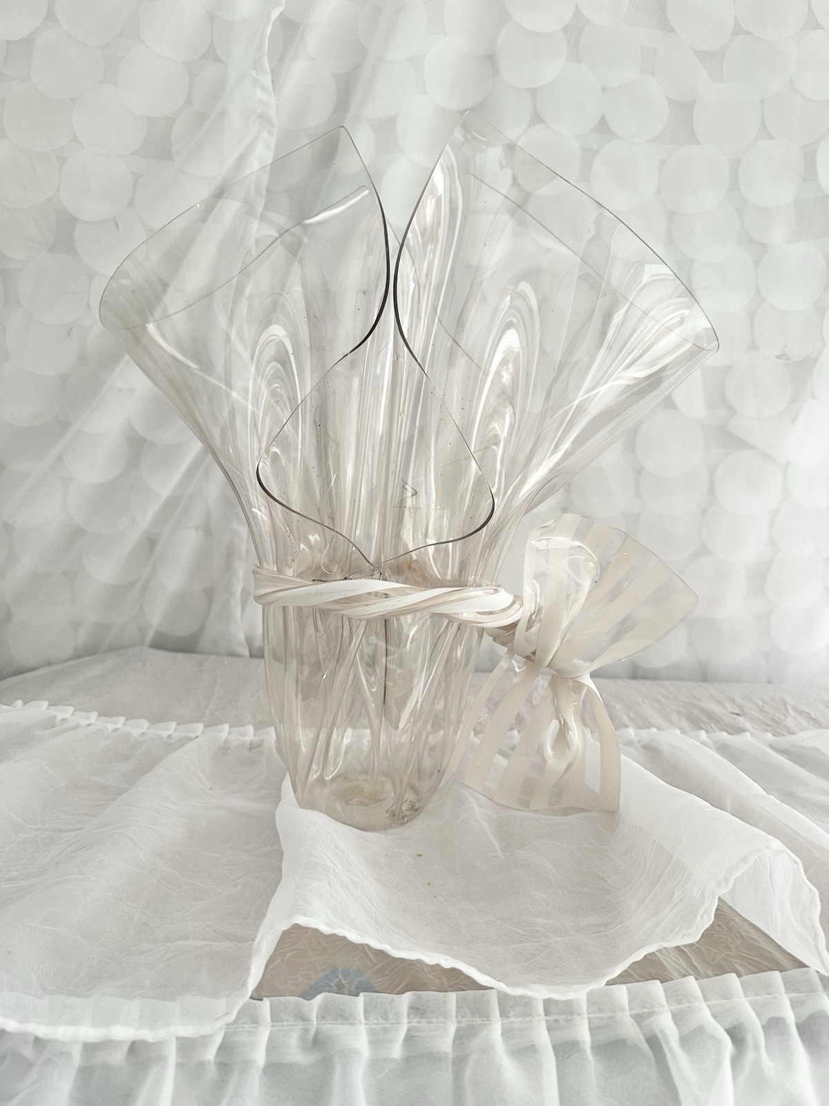 VTG 90’s Clear Acrylic Handcrafted Vase Lucite Bow Draped Ruffled Holiday Signed