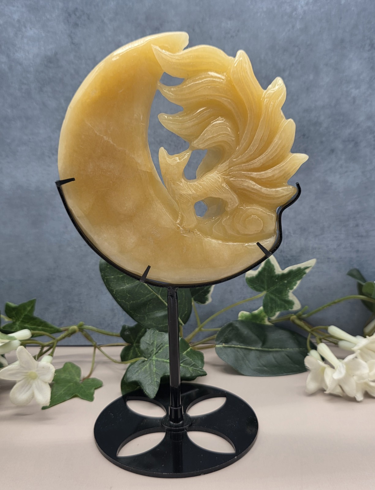 Calcite Nine Tailed Fox Crescent Moon Carving Custom Stand 7.5” Gemstone Decor