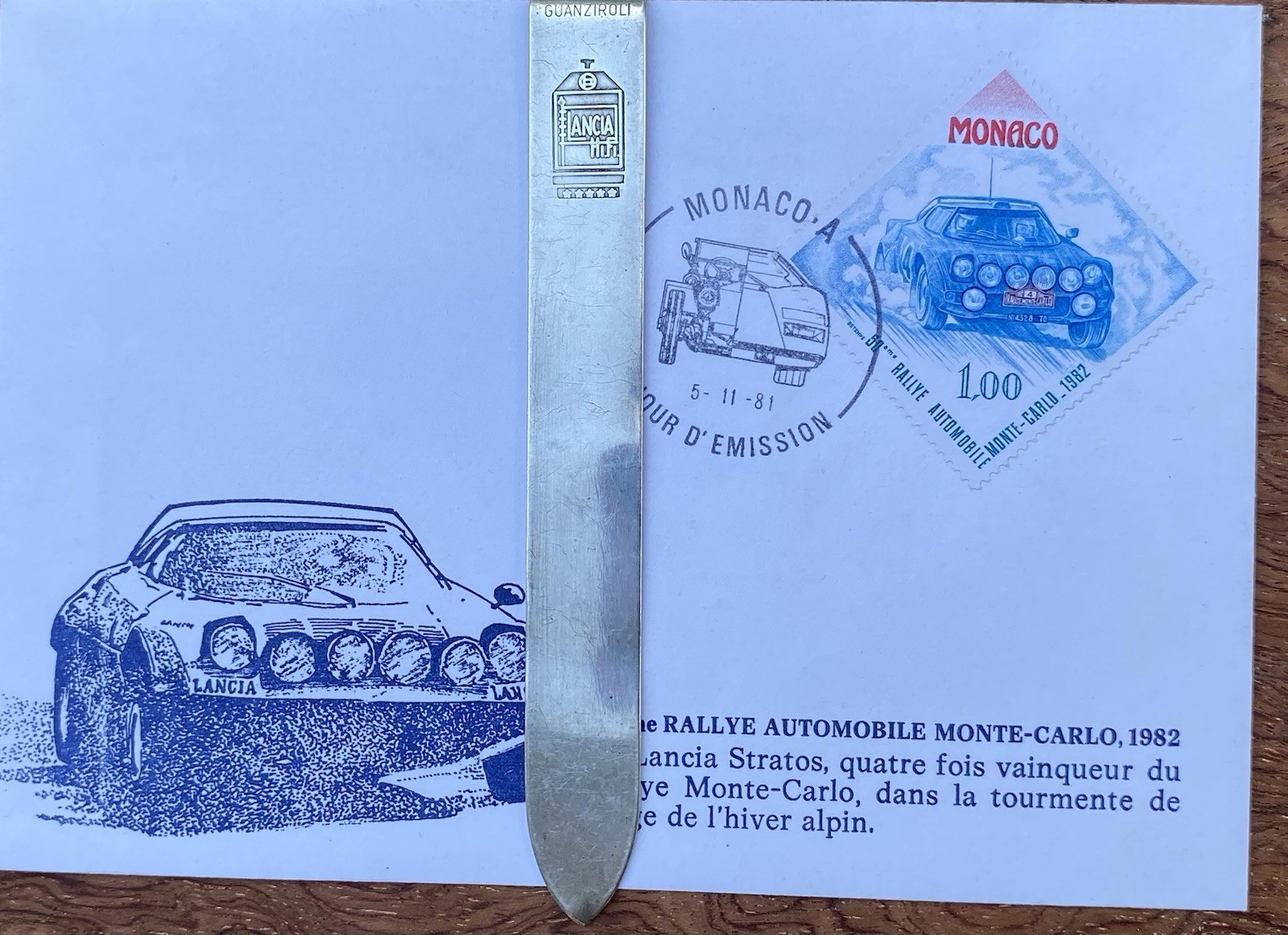LANCIA ITALIAN CAR, SILVER 925 PAPER CUTTER W/RALLYE DE MONTECARLO ENVELOPE