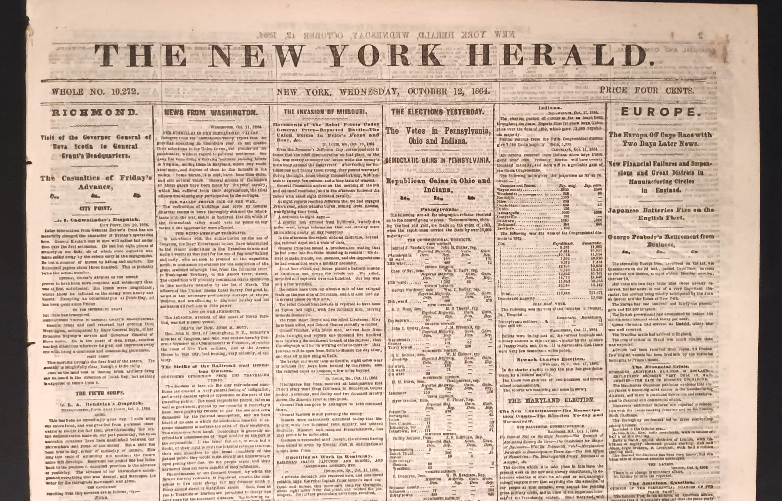 Oct.12 1864 New York Herald SHENANDOAH VALLEY, RICHMOND ADVANCE, WILMINGTON