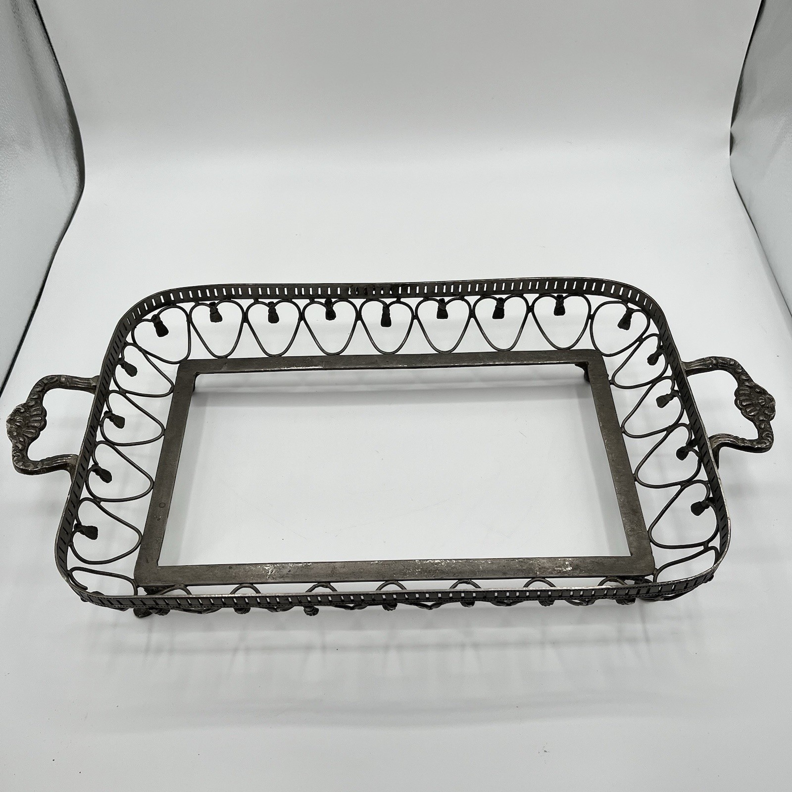 Vntg Silver Plated Footed Marinex Glass Casserole Dish Server Holder 14.5”x 9.5”