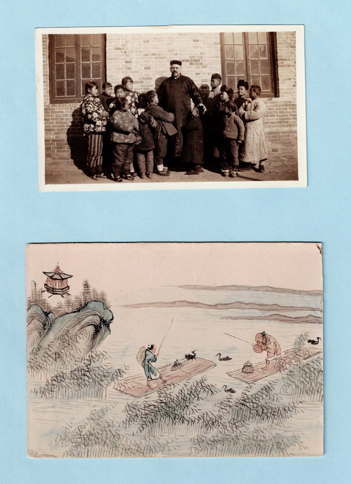 Vintage Chinese Missionary Photo and Woodblock Print on Cardboard Shanghai China