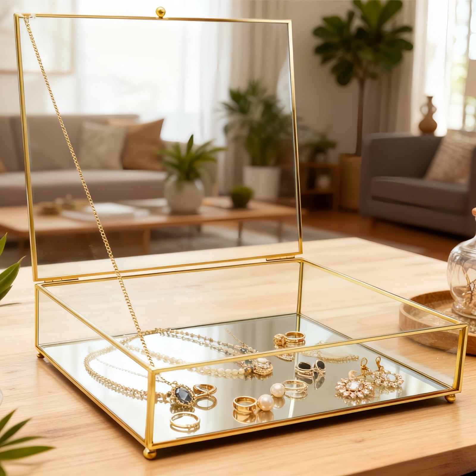 Vintage Glass with Lid, Brass Jewelry Display Case, Gold Memory with Mirrored...