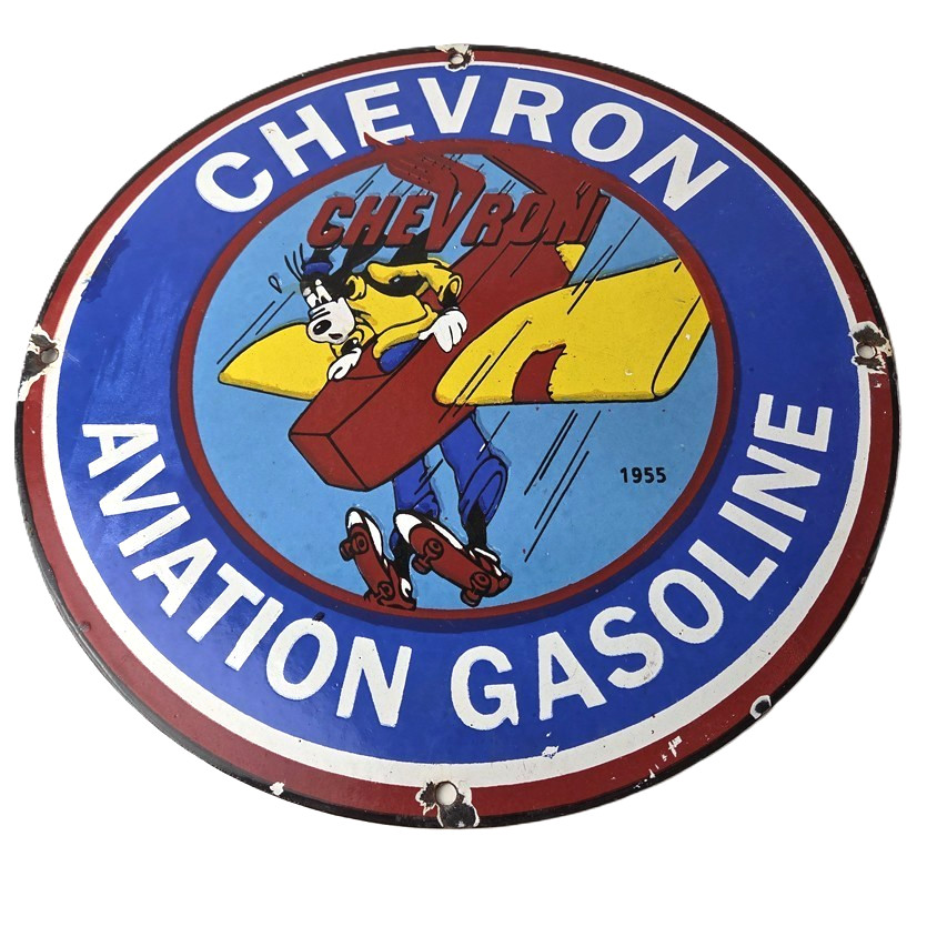 Vintage Chevron Gasoline Sign - Airplane Cartoon Aviation Gas Ad Porcelain Sign Vintage Chevron Gasoline Sign - Airplane Cartoon Aviation Gas Ad Porcelain Sign