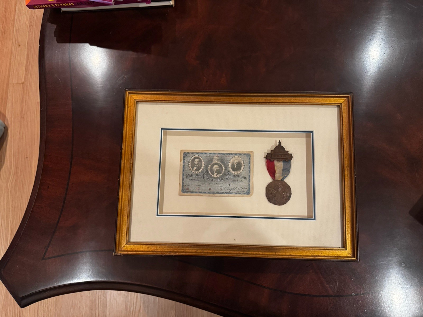 1912 Teddy Roosevelt Bull Moose Convention Rare Messenger Badge  &Ticket Framed