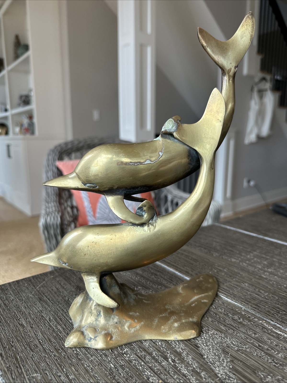 Vintage Mid Century ModernSolid Brass Double DolphinSwimming Art Sculpture Large