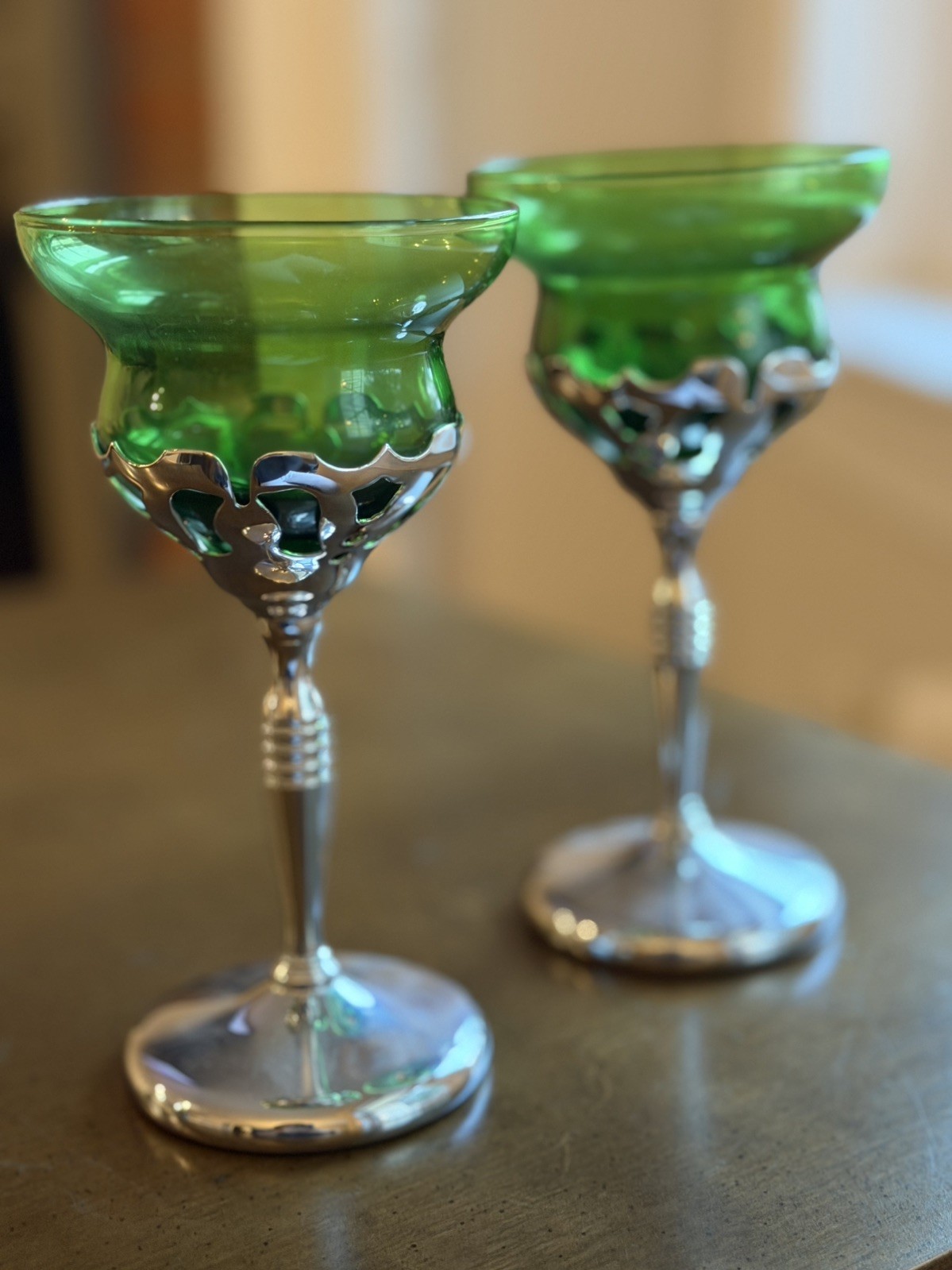 ART DECO FARBER BROTHERS KROME KRAFT Goblets Cocktail Wine Glass GREEN ANTIQUE ART DECO FARBER BROTHERS KROME KRAFT Goblets Cocktail Wine Glass GREEN ANTIQUE