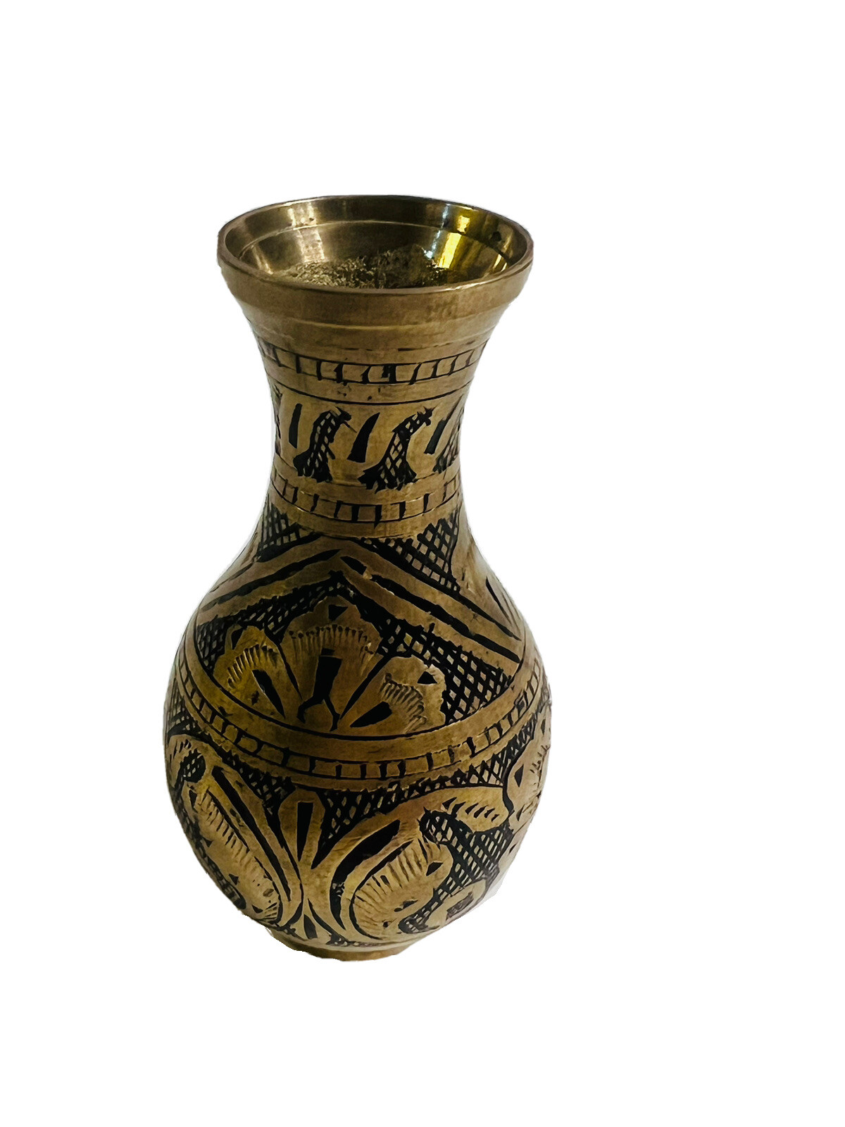 Brass 4” handmade petite vase etched floral vintage 
