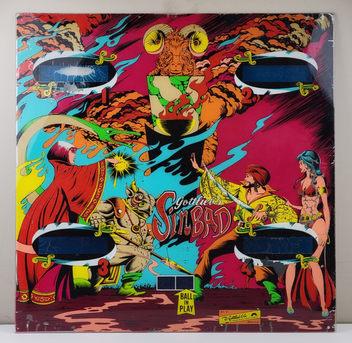 Original 1978 Gottlieb Sinbad Solid State Pinball Machine Game Backglass Panel Original 1978 Gottlieb Sinbad Solid State Pinball Machine Game Backglass Panel