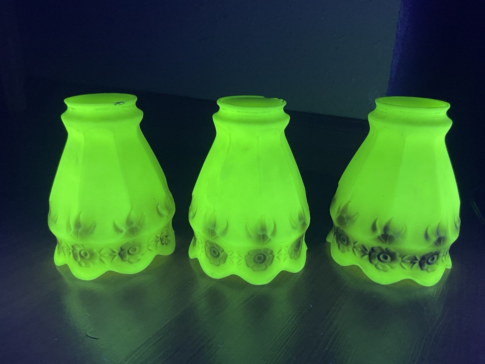 Set of 3 Vintage Uranium Satin Glass Lamp Shades 2” Wide 5.5” Long Radium SeePic Set of 3 Vintage Uranium Satin Glass Lamp Shades 2” Wide 5.5” Long Radium SeePic