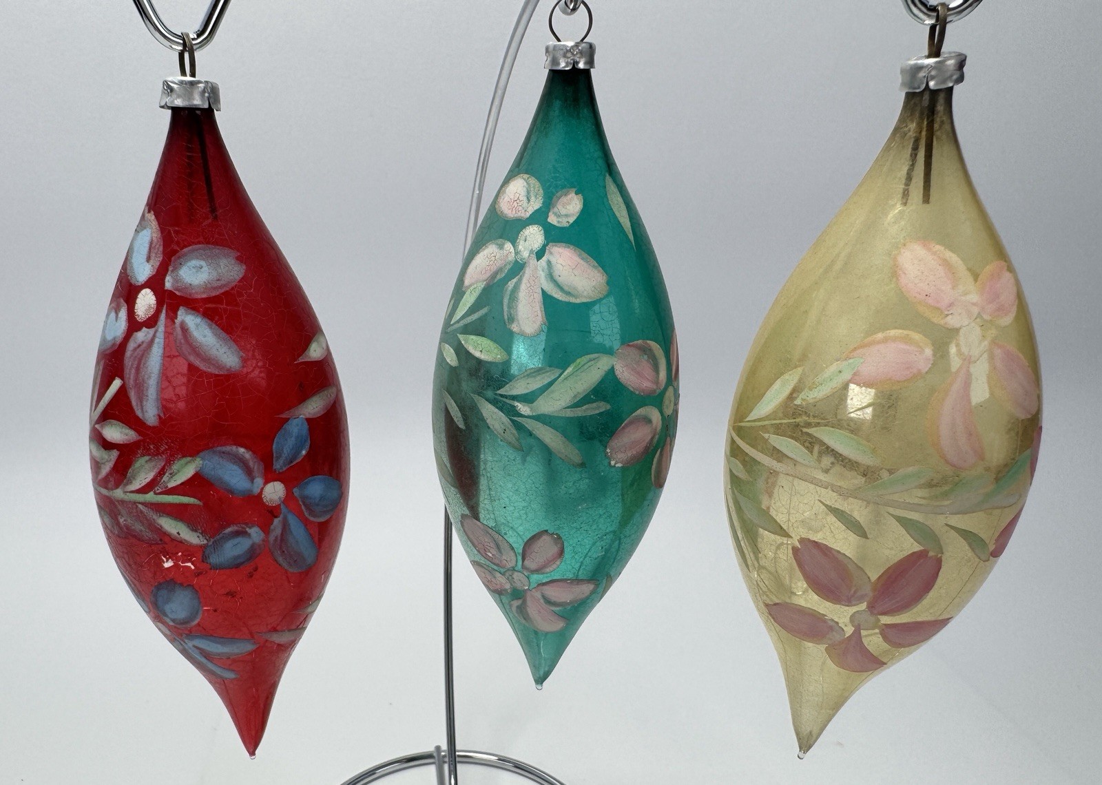 West Germany Floral Spindle Teardrop Glass Christmas Ornaments Lot 3 Handpainted