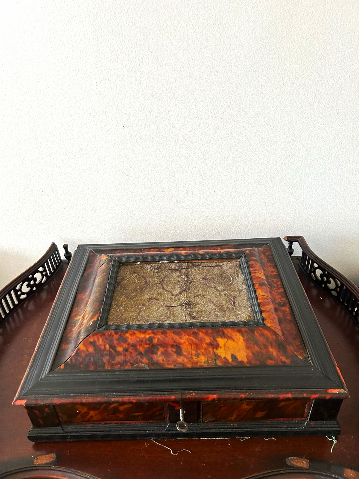 Antique Victorian Tortoiseshell Style Desk Box - Ebonized Wood Insert, Red Velv