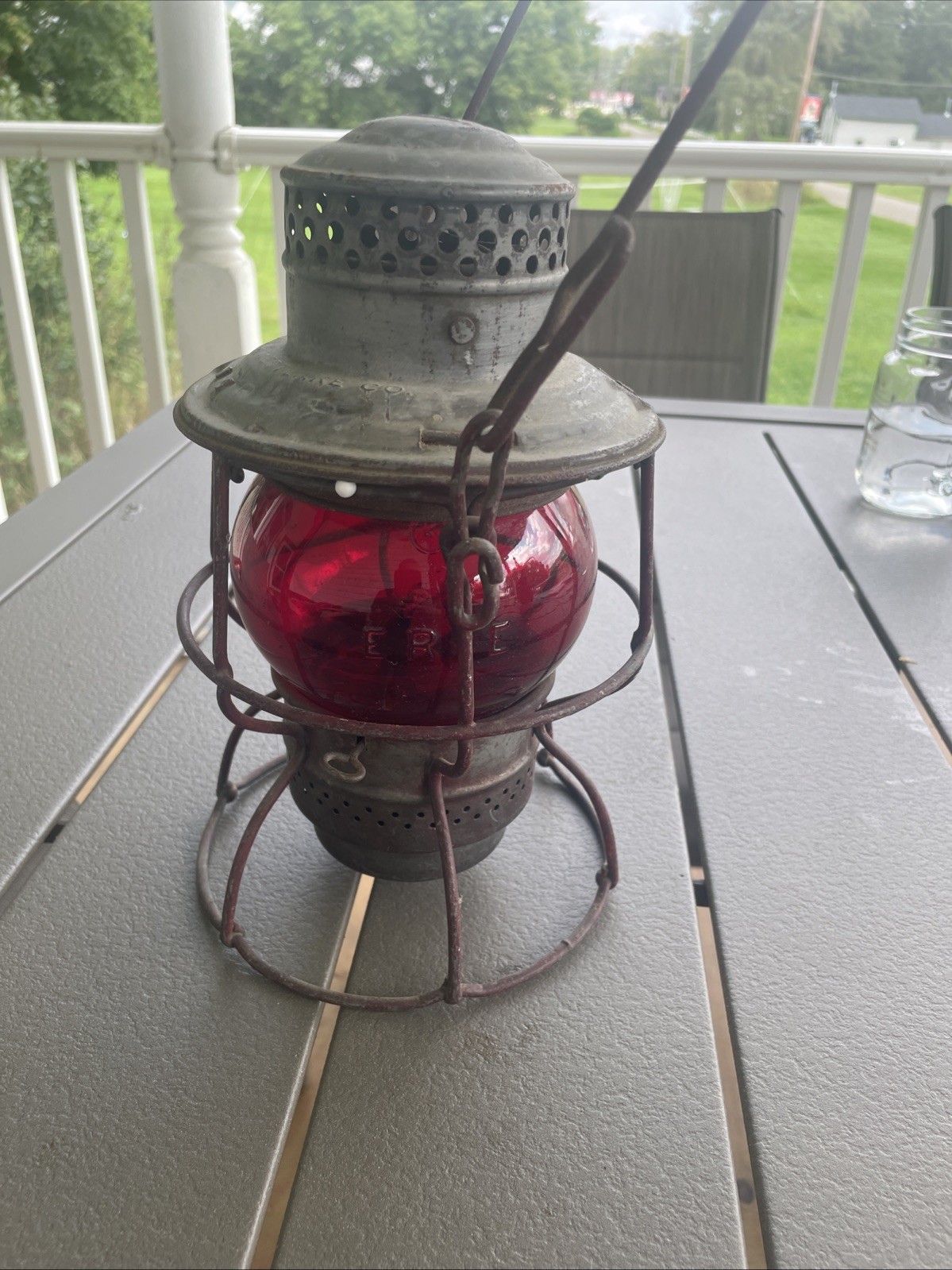 Vintage Rare Erie Railroad Lantern With Red Embossed Globe