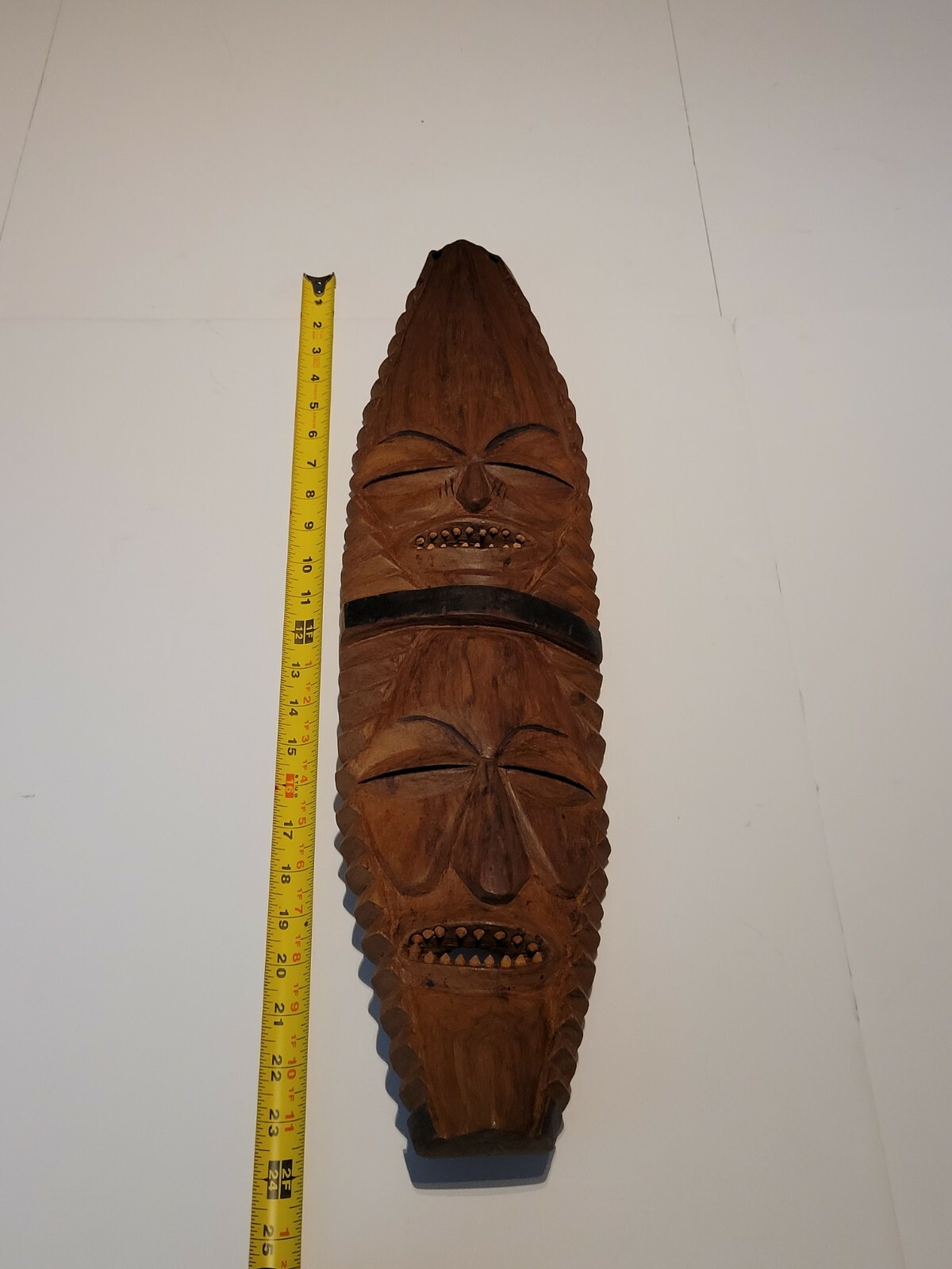 African Tribal Double Faced Teeth Mask Hand Carved OOAK Vintage Solid Wood OOP