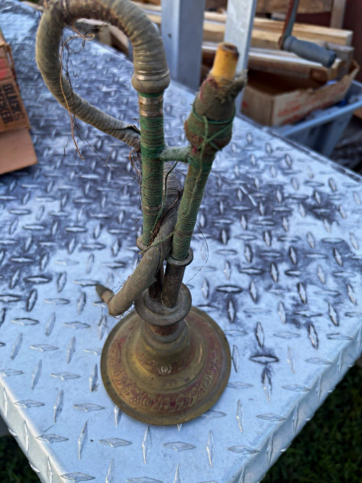 Vintage Brass Hookah Water Pipe Middle Eastern Folk Art Painted Decor Antique Vintage Brass Hookah Water Pipe Middle Eastern Folk Art Painted Decor Antique